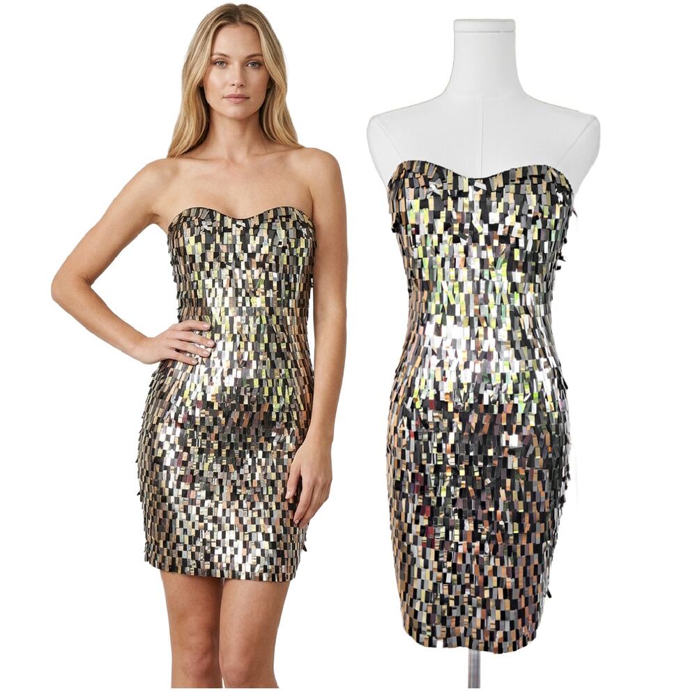 LaRok Sequin Dress Small Strapless Metallic Rectangular Tile Cocktail Mini Prom